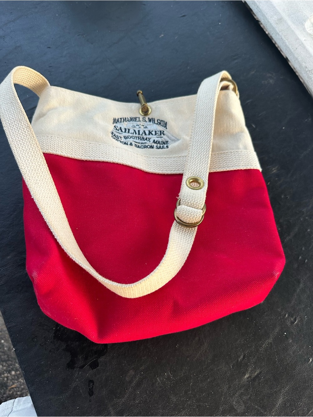Red and Cream canvas bag is a vintage piece from Nathaniel S. Wilson Sailmaker